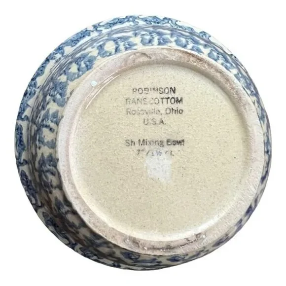 ROBINSON RANSBOTTOM pottery BLUE SPONGEWARE MIXING BOWL W/ SUNSET RIM PATTERN - Picture 4 of 5